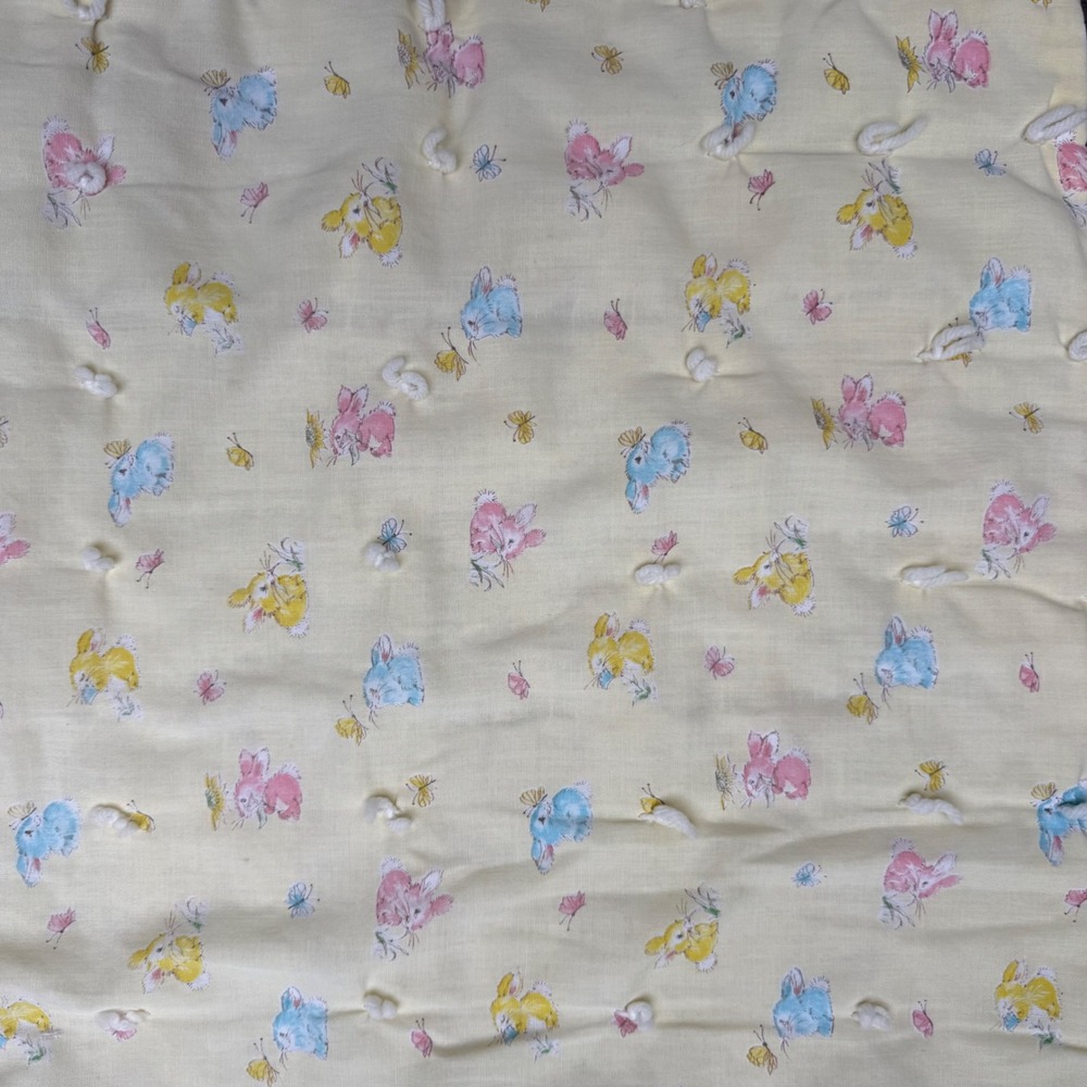 Vintage Baby Quilt 41x33 Pastel Bunny Rabbit Print Hand Tied Nursery